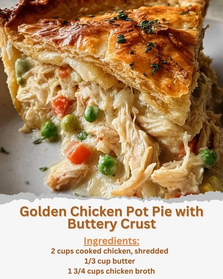 Golden chicken pot pie with a flaky buttery crust and delicious filling