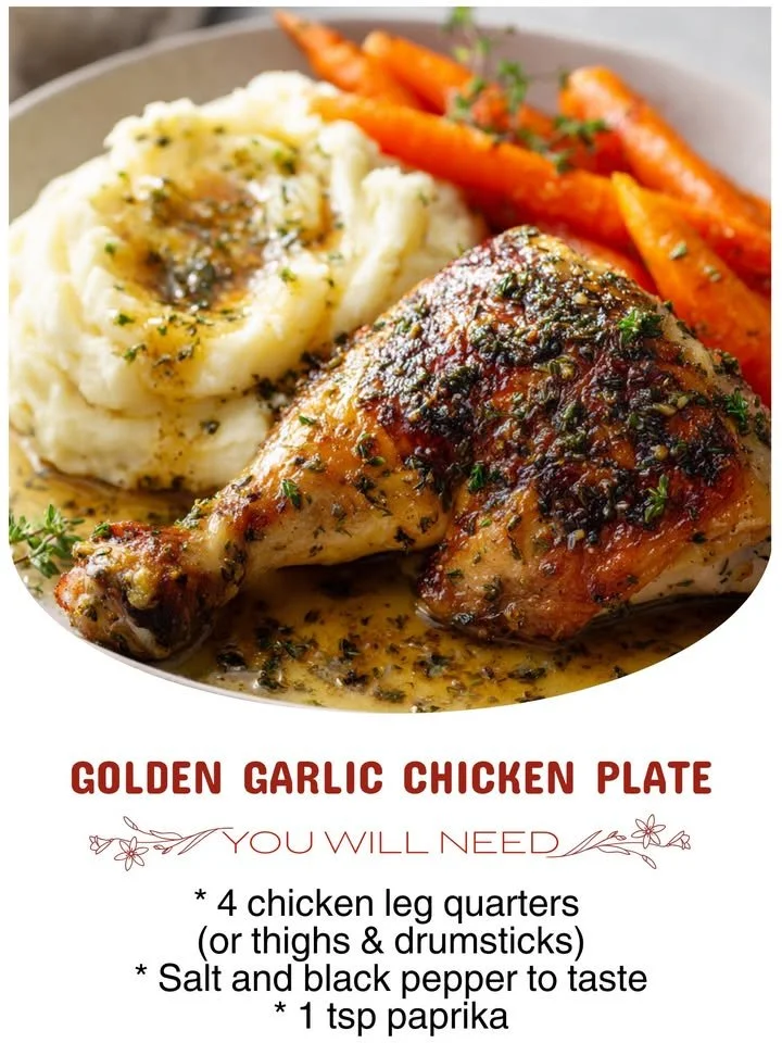 Golden Garlic Chicken Plate served with a garnish of parsley and lemon slices.