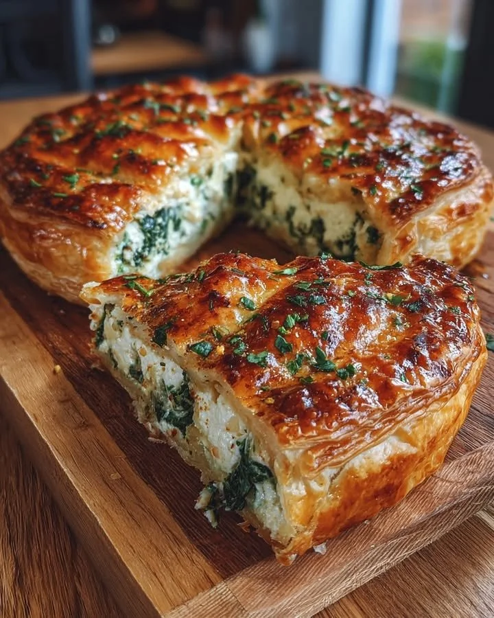 Golden puff pastry spinach and feta pie ready to serve.