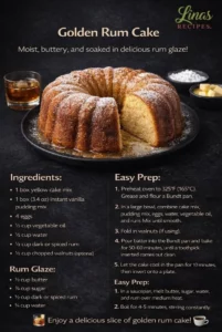 Golden Rum Cake fresh out of the oven, topped with caramel glaze and festive decorations.