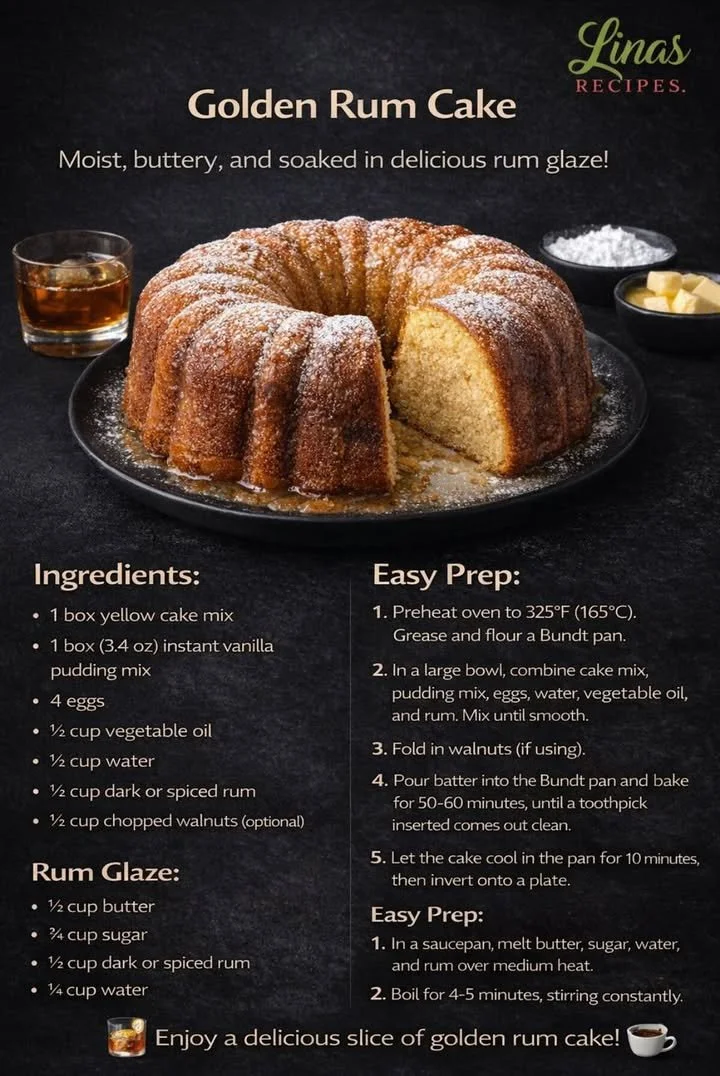 Golden Rum Cake fresh out of the oven, topped with caramel glaze and festive decorations.