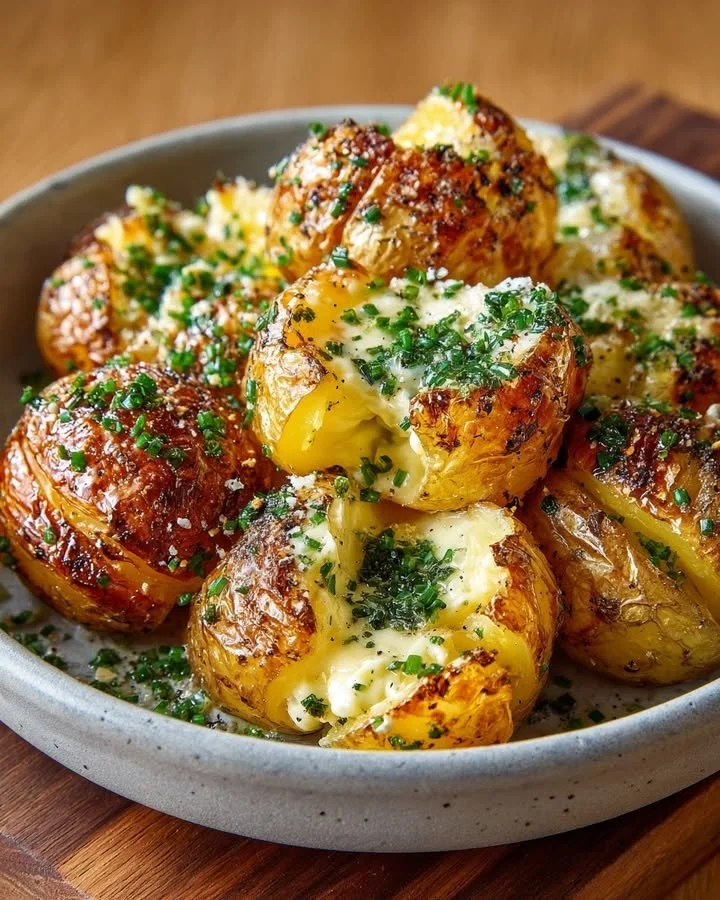 Plate of golden smashed potatoes with warm brie fondue and garlic herb oil drizzled on top.