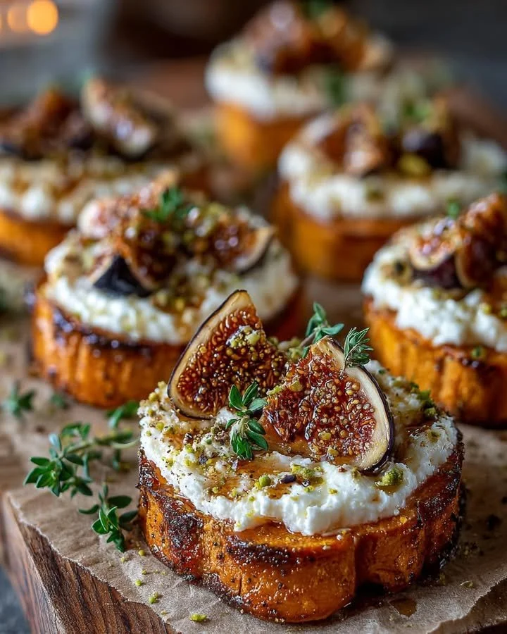 Golden sweet potato rounds with mascarpone, fig jam, and pistachio dust