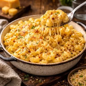 Delicious baked macaroni and cheese in a golden crust