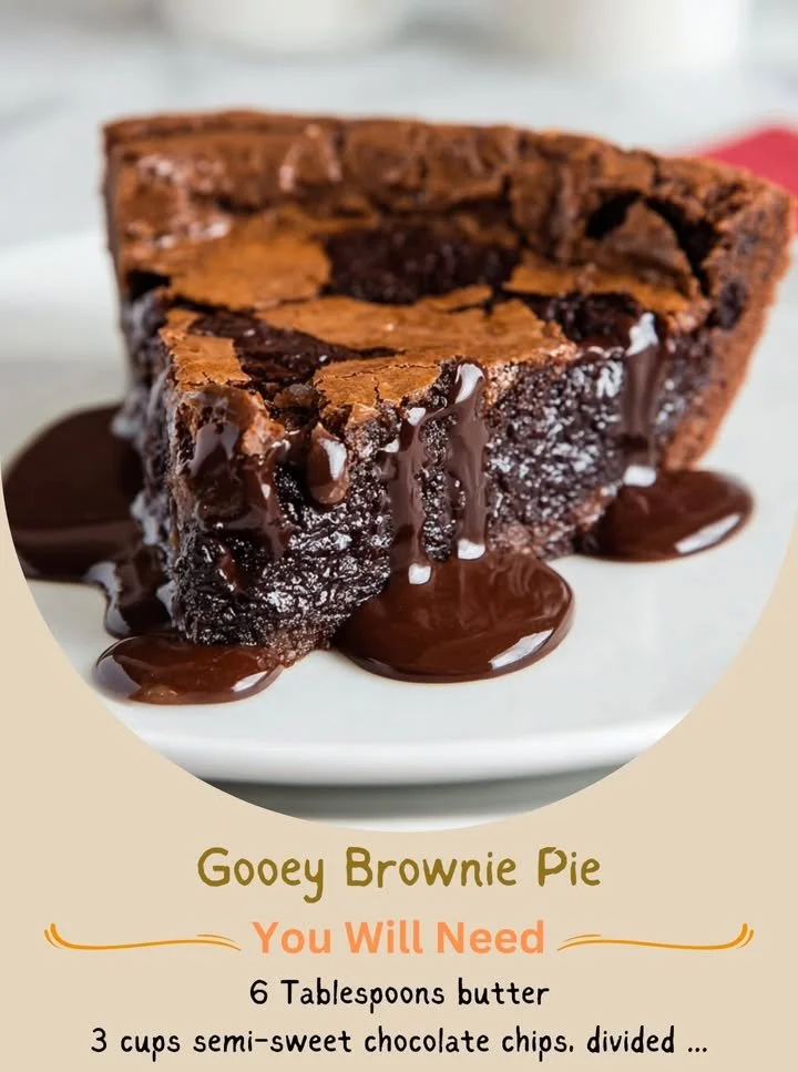 Gooey brownie pie slice topped with chocolate drizzle and nuts