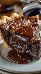 Gooey brownie pie topped with chocolate drizzle and served on a plate