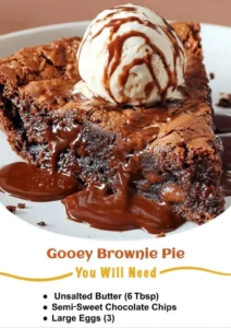 Decadent gooey brownie pie topped with chocolate and nuts