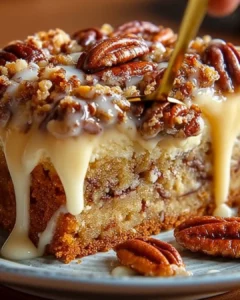 Delicious gooey butter pecan cake topped with nuts and creamy frosting