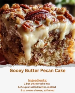 Gooey Butter Pecan Cake topped with pecans and drizzled with gooey caramel