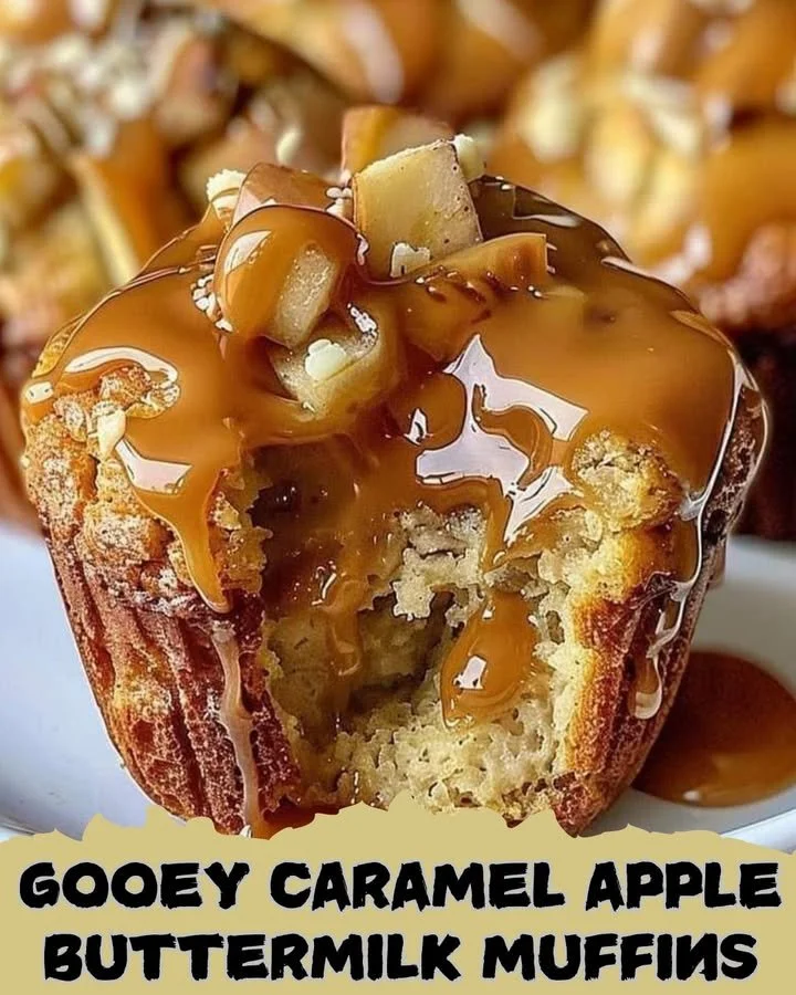 Gooey caramel apple buttermilk muffins on a rustic wooden table