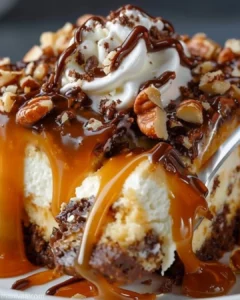 Gooey caramel turtle poke cake topped with chocolate and pecans