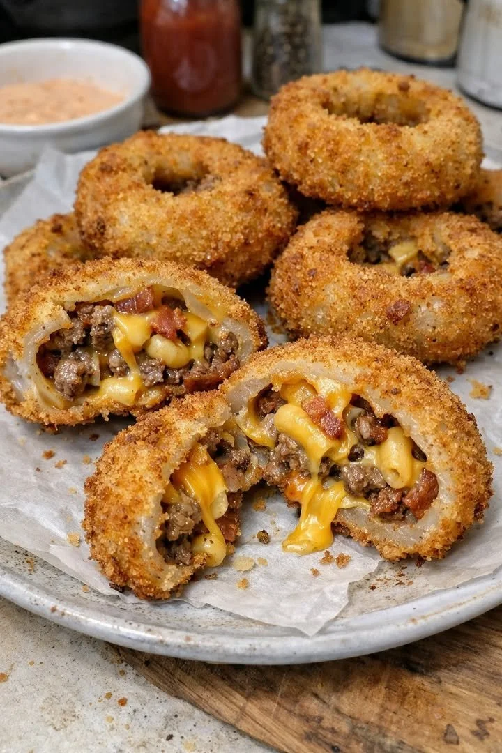 Gooey cheesy bacon mac burger stuffed inside crispy onion rings.