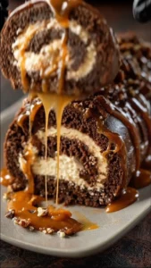 Gooey chocolate caramel turtle cake roll with nuts and caramel drizzled on top