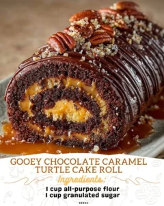 Gooey Chocolate Caramel Turtle Cake Roll with chocolate and caramel drizzle