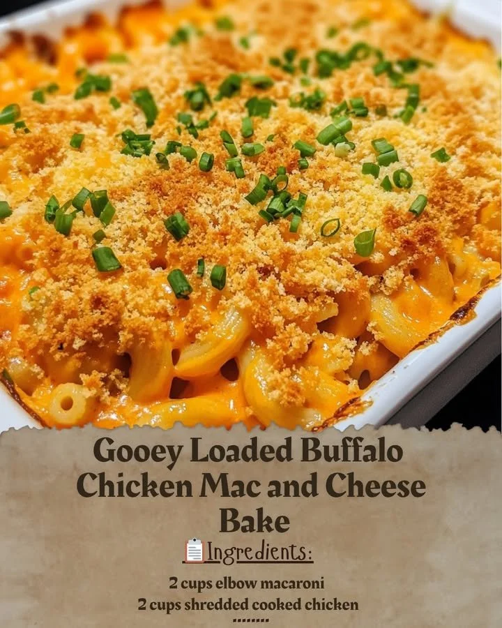 Gooey loaded buffalo chicken mac and cheese bake topped with cheese and buffalo sauce