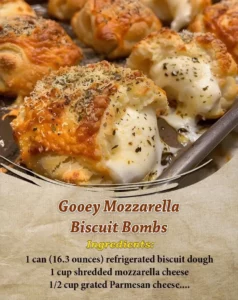 Gooey mozzarella biscuit bombs on a plate, oozing cheese and golden brown.