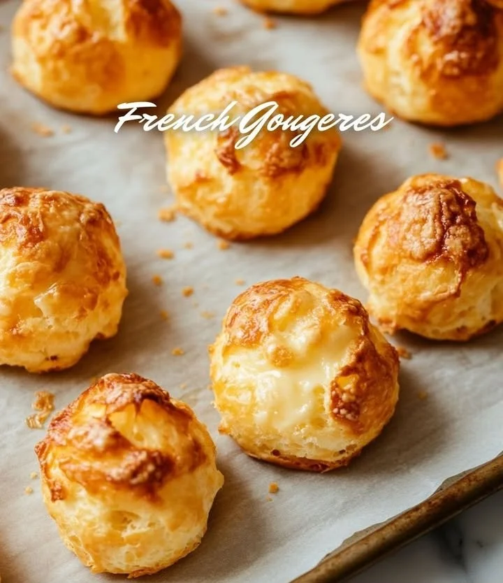 Freshly baked gougères served on a platter with cheese