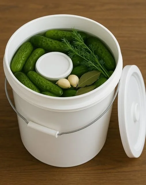 Jar of Grandma's homemade brine pickles with fresh ingredients