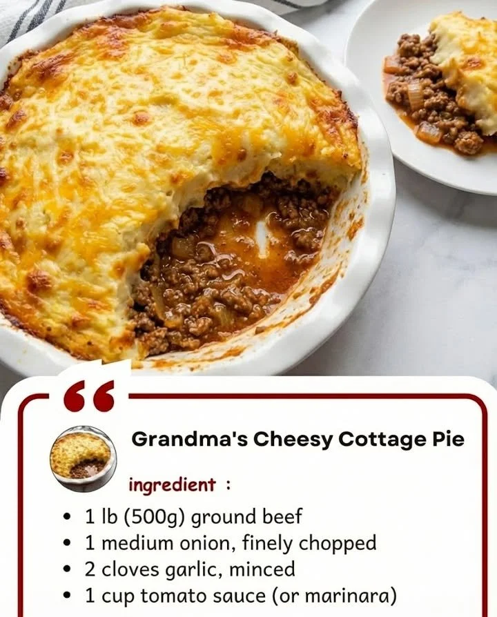 Delicious cheesy cottage pie topped with golden cheese and fresh herbs