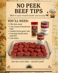 Juicy beef tips simmering in a flavorful sauce from Grandma's no-peek recipe