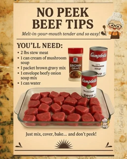 Juicy beef tips simmering in a flavorful sauce from Grandma's no-peek recipe