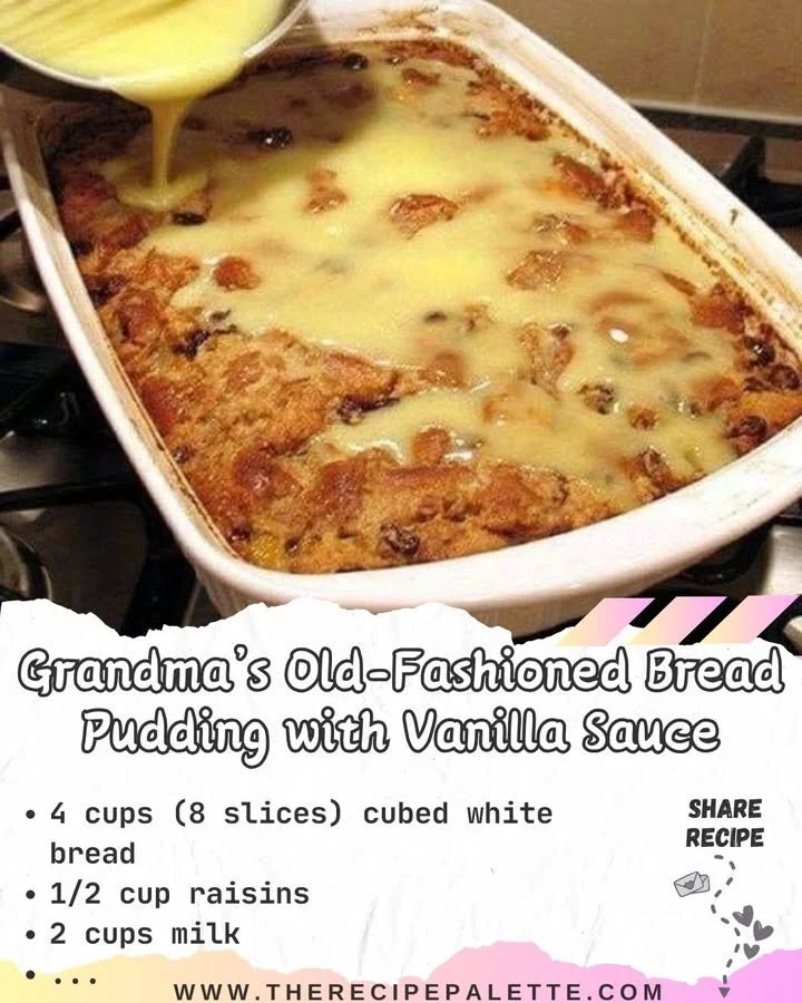Grandma's old-fashioned bread pudding with vanilla sauce served in a bowl