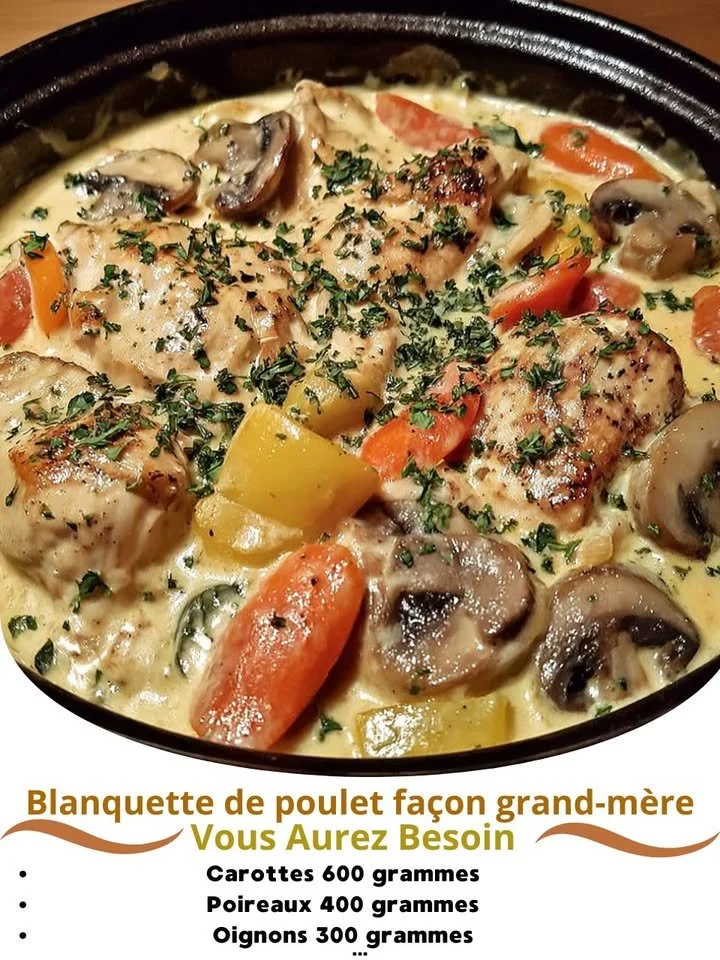 Bowl of Grandmother's Chicken Blanquette with vegetables and creamy sauce