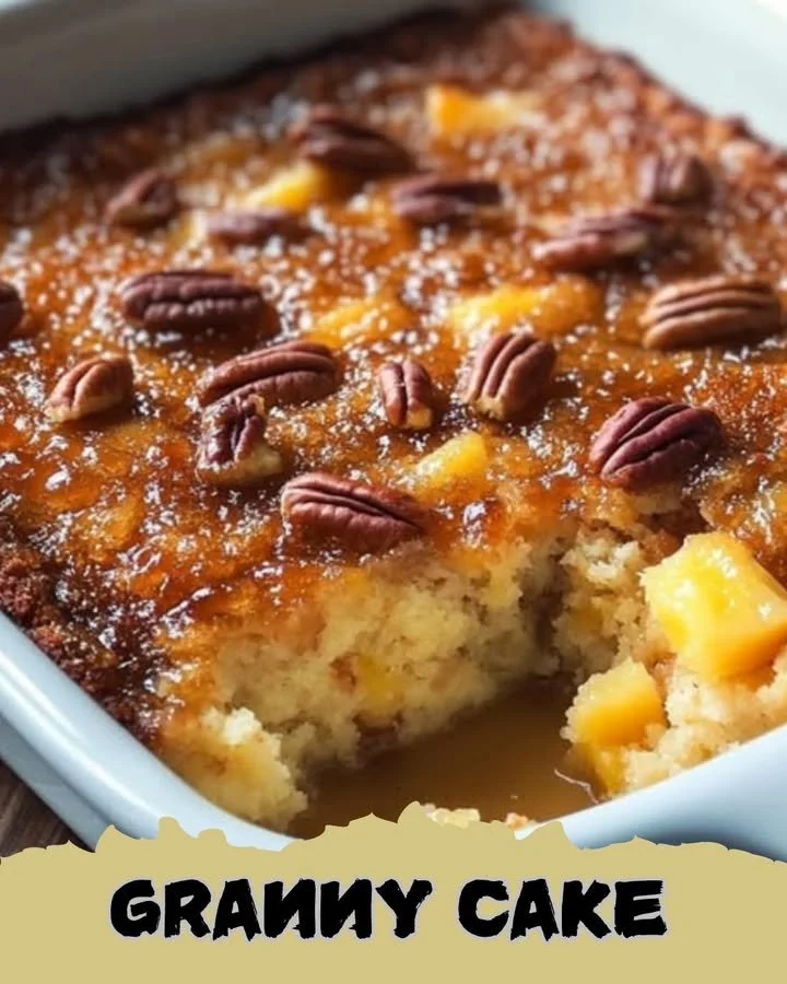 Delicious homemade Granny Cake served on a rustic table.