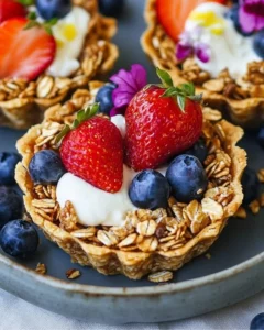 Delicious granola breakfast tarts topped with fresh fruits and nuts
