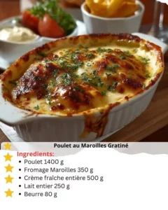 Plate of gratinated chicken topped with Maroilles cheese