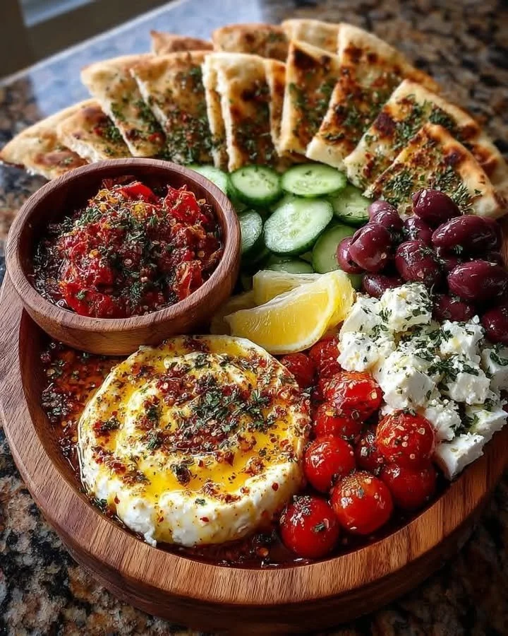 Delicious Greek appetizer board with hot honey feta and warm pita bread.