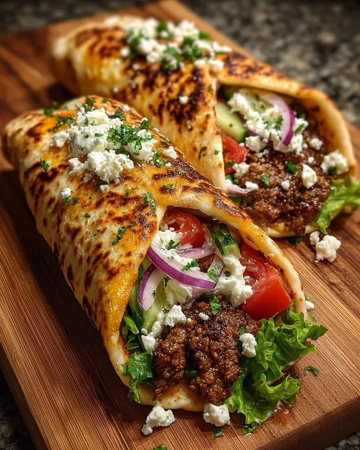 Greek beef wraps filled with roasted garlic feta sauce and fresh vegetables
