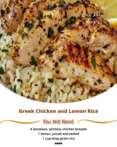 Plate of Greek Chicken served with lemon rice and fresh herbs