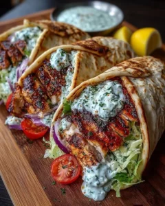 Greek chicken gyro wraps served with spicy cucumber yogurt sauce