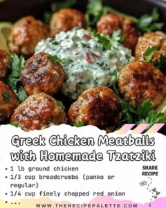 Plate of Greek Chicken Meatballs with homemade tzatziki sauce