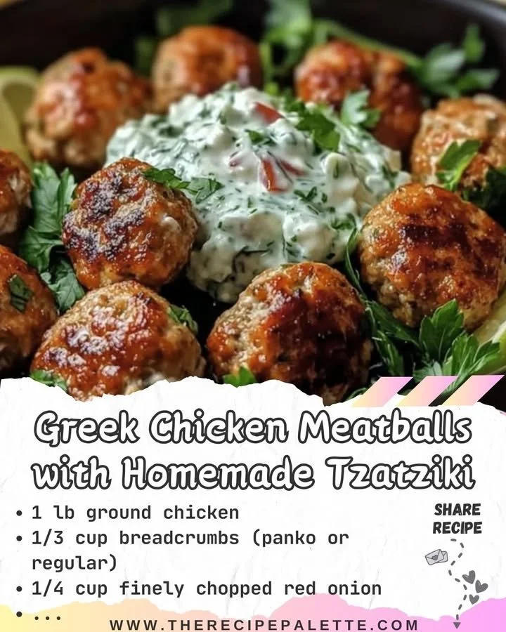 Plate of Greek chicken meatballs served with homemade tzatziki sauce