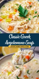 Bowl of Greek lemon chicken soup garnished with herbs and lemon slices