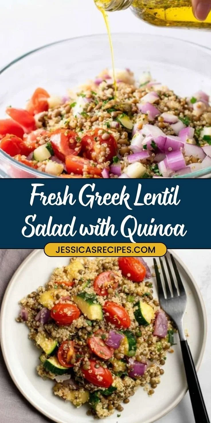 Delicious Greek Lentil Quinoa Salad served in a bowl