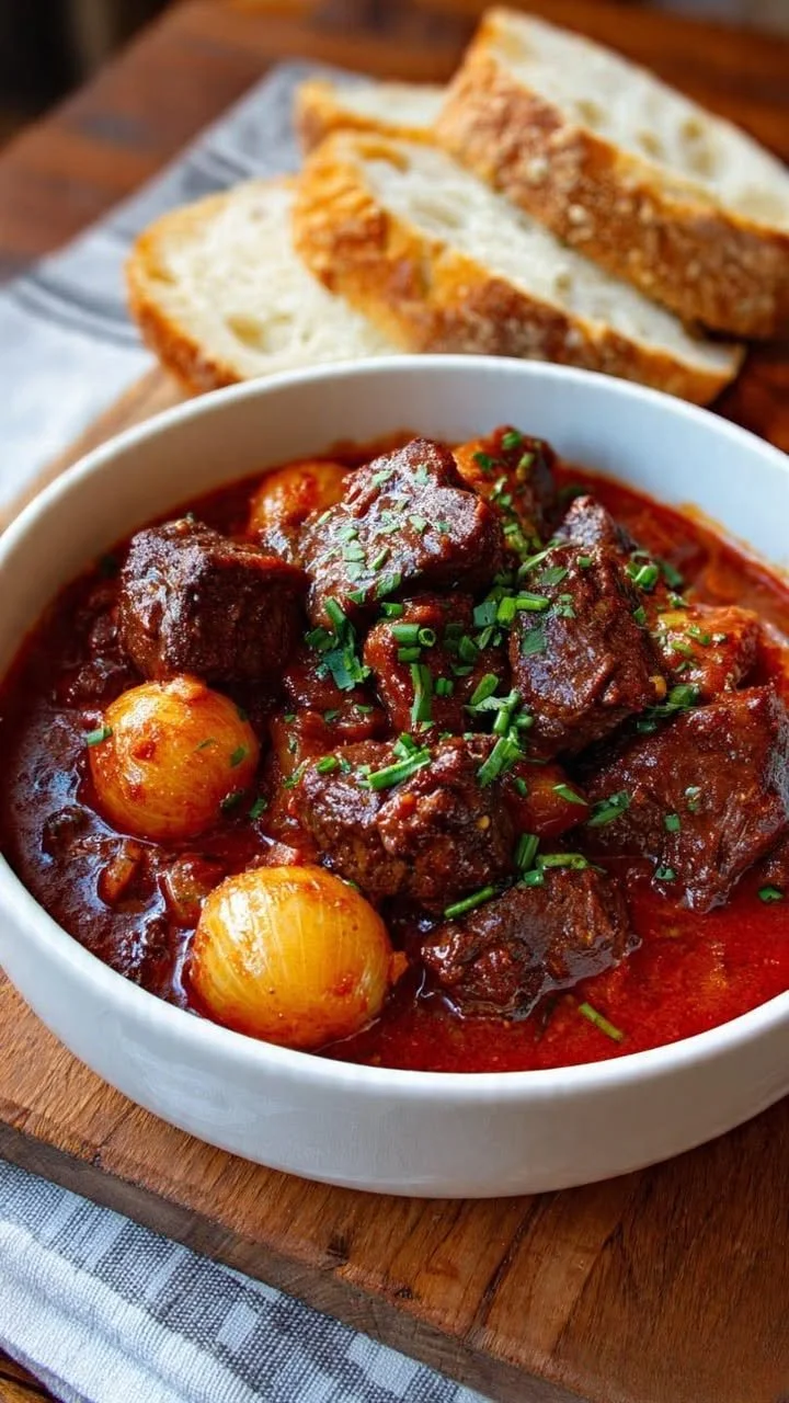 A delicious plate of Greek Stifado with Shallots, showcasing tender meat and spices.