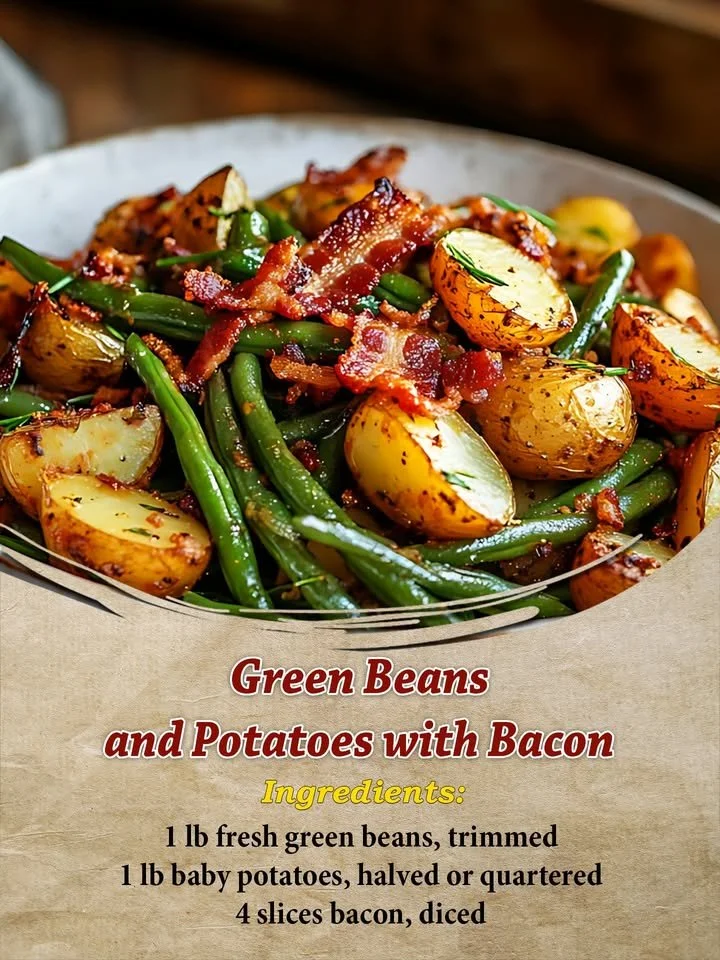 Delicious green beans and potatoes cooked with crispy bacon.