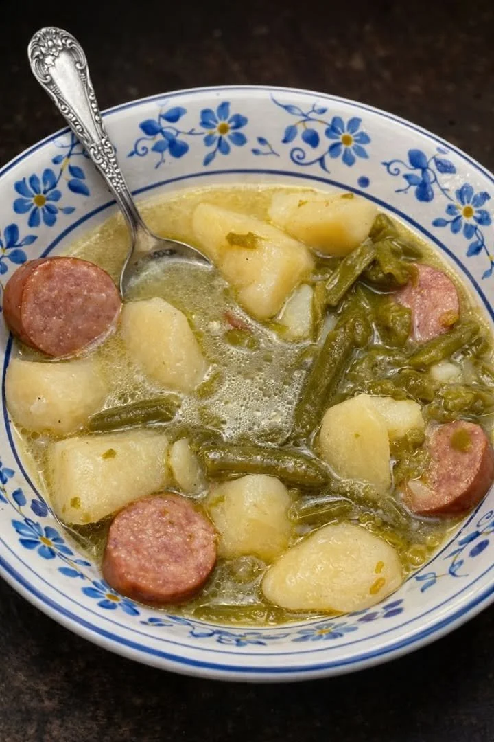 Delicious green beans and potatoes with Polish sausage dish served in a bowl.