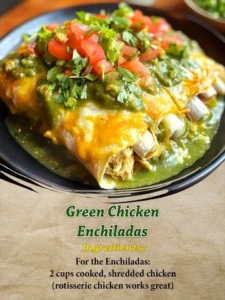 Plate of green chicken enchiladas topped with cheese and cilantro