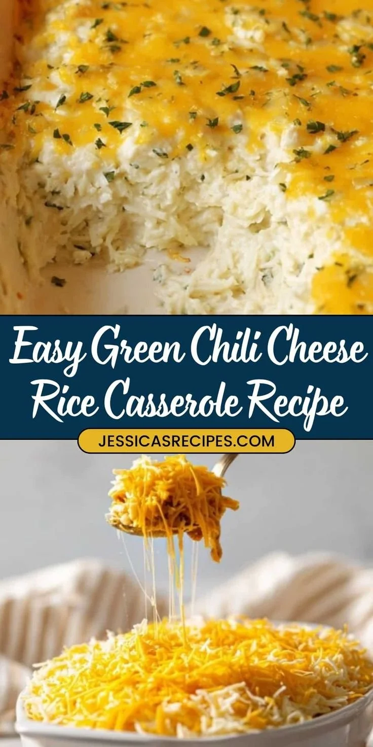 Delicious Green Chili Rice Casserole in a baking dish ready to serve