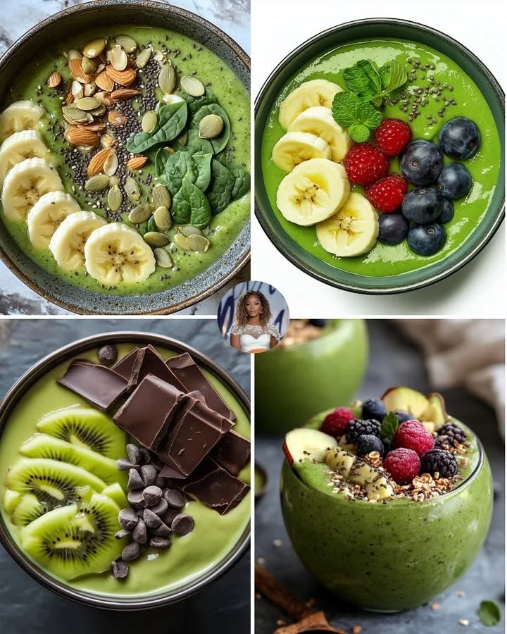 Green Power Smoothie Bowl topped with fresh fruits and seeds