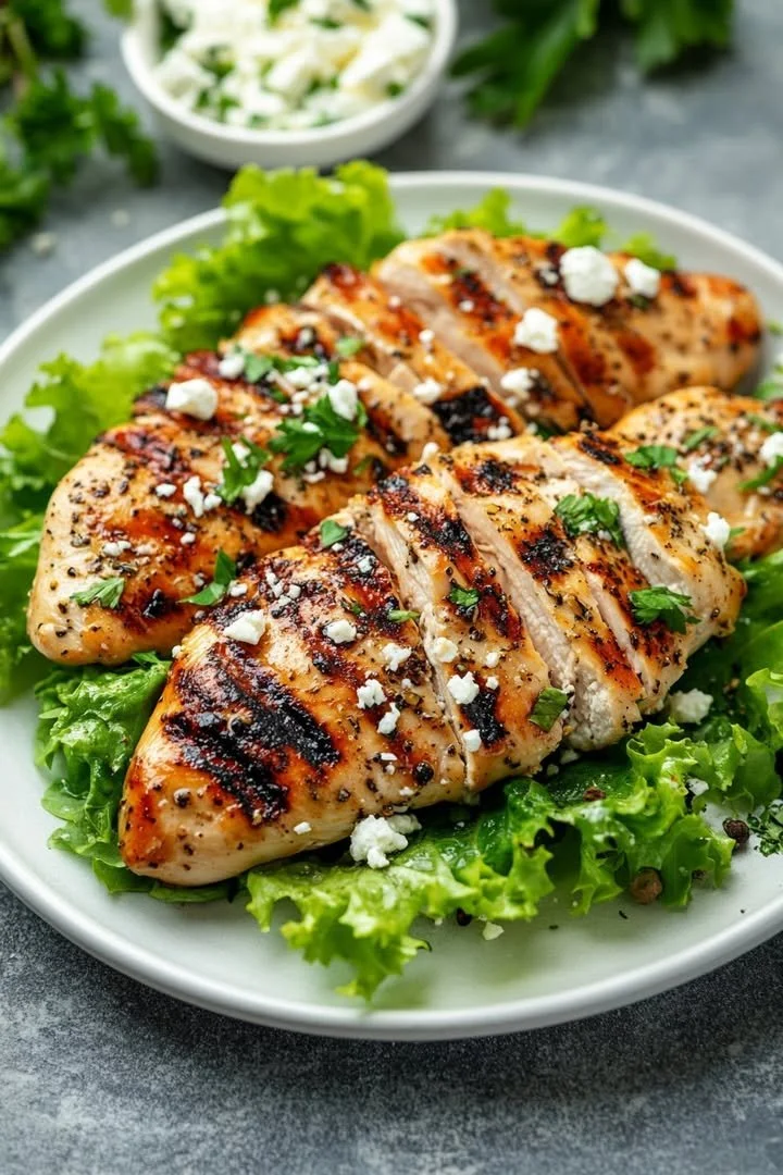 Juicy grilled chicken breast served with fresh herbs and vegetables on a plate.