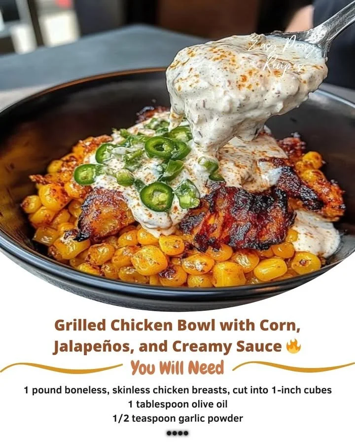 Grilled chicken bowl with corn, jalapeños, and creamy sauce