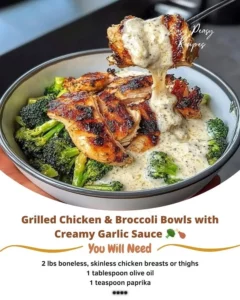 Grilled chicken bowls with broccoli and creamy garlic sauce served in a dish