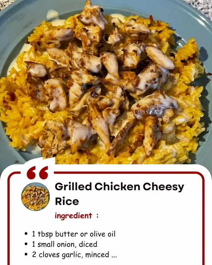 Delicious plate of grilled chicken served with cheesy rice