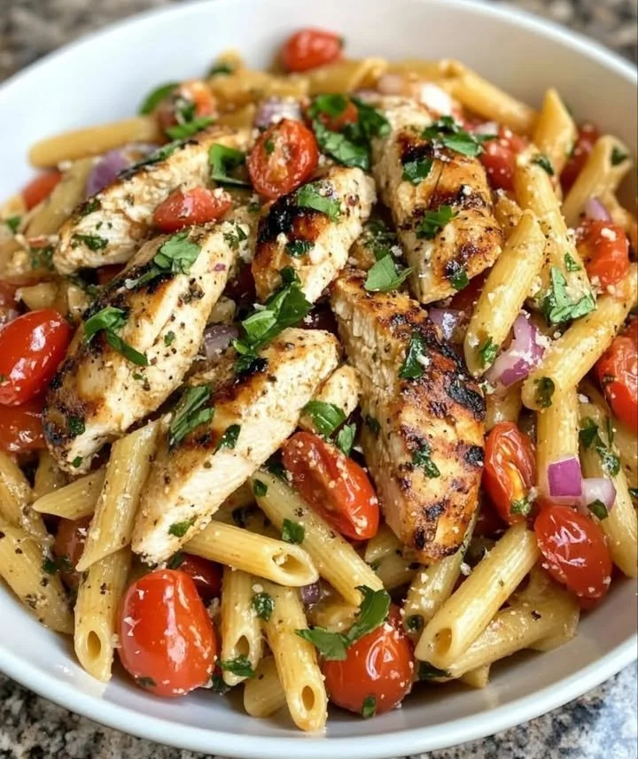Grilled chicken pasta bowl with fresh vegetables and sauce