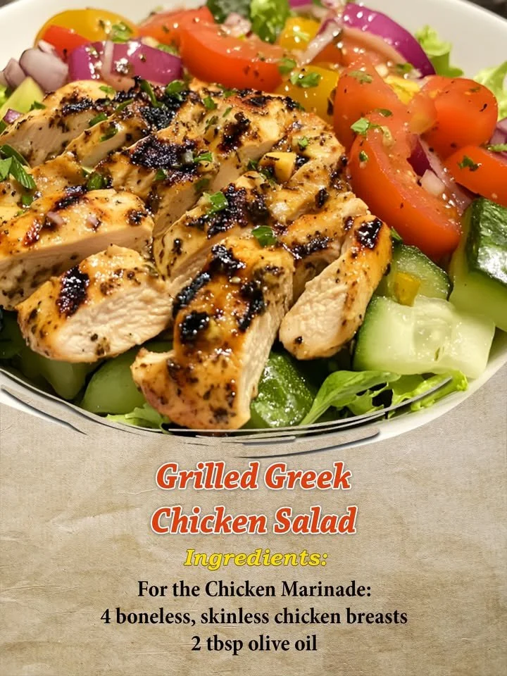 Grilled Greek chicken salad with colorful veggies and feta cheese